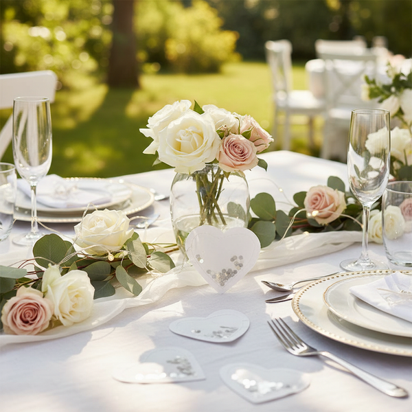 Festlich gedeckter Tisch im Freien mit Rosen, Eukalyptus, Lichterkette, Herz-Deko, Geschirr und Gläsern in einem hellen Garten.