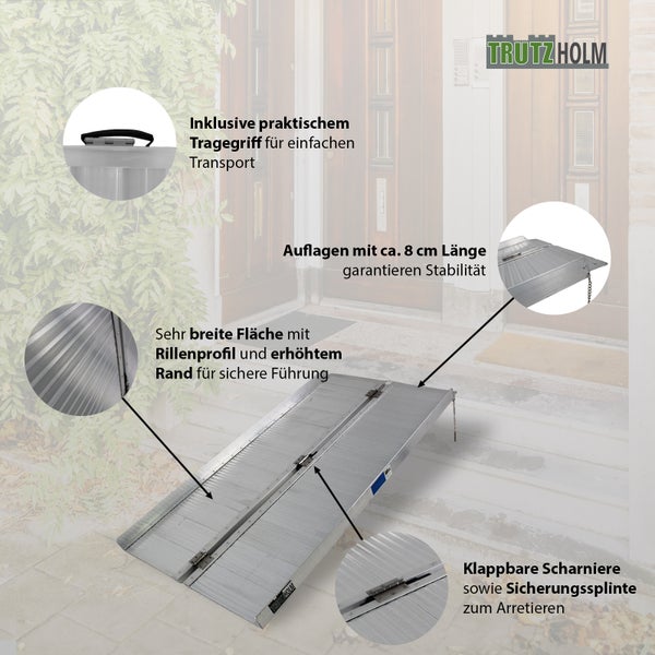 TRUTZHOLM Rollstuhlrampe klappbar 184 cm Traglast 272 kg Alu grau geriffelt Auffahrrampe
