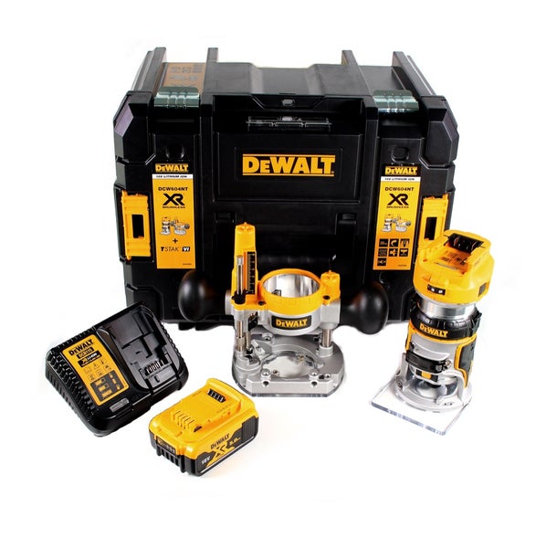 DeWalt 18 Volt Akku-Oberfräsen-Set mit Akku, Ladegerät, Taucheinheit und Transportkoffer.