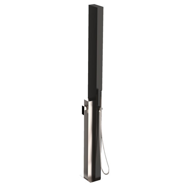Modernes Duschpaneel aus Edelstahl mit Handbrause und integrierter Mischbatterie.