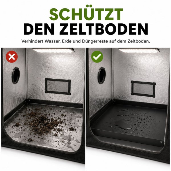 Vergleich eines Growzelts: links ein verschmutzter Boden, rechts ein durch eine schwarze Bodenwanne geschützter und sauberer Boden.
