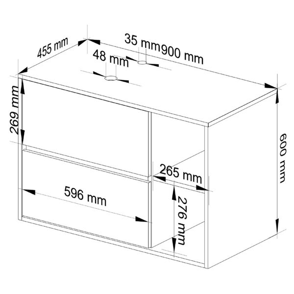 Technische Zeichnung eines Waschtischunterschranks mit Maßangaben