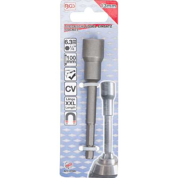 BGS Steckschlüssel-Einsatz Sechskant extra lang für Bohrmaschinen Antrieb Außensechskant 6,3 mm (1/4) SW 13 mm - 2769
