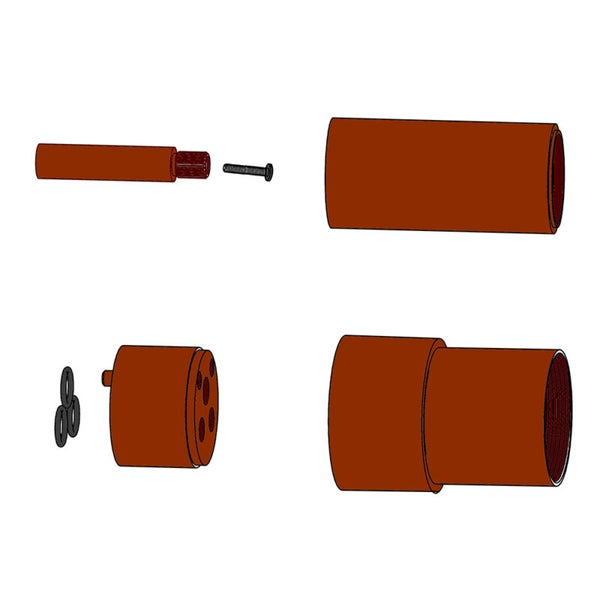Mehrteiliges braunes Montage-Set für Rohre bestehend aus verschiedenen zylindrischen Bauteilen, einer Schraube und Dichtungsringen.