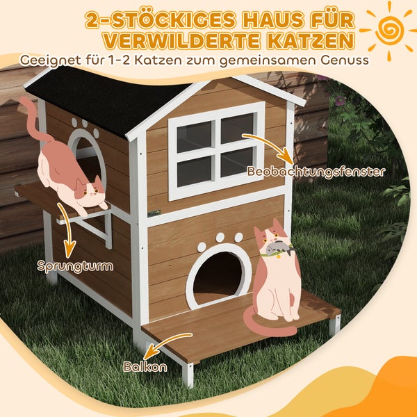 PawHut Katzenhaus aus Holz Katzenhöhle mit Fenster, Balkon, Wetterfest Katzenhütte mit 2 Ebenen, herausnehmbarem Boden, für 1-2 Katzen, Indoor, Outdoor, 66 x 66 x 90 cm, Braun