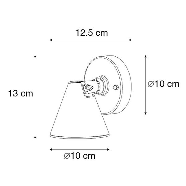 Maßskizze einer Wandleuchte mit Maßen: Höhe 13 Zentimeter, Ausladung 12,5 Zentimeter, Durchmesser Schirm 10 Zentimeter, Wandschild 10 Zentimeter.