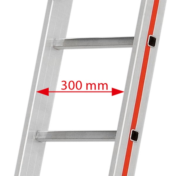 Detailansicht einer Leiter mit einer Stufenbreite von 300 Millimetern.