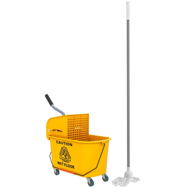 Wischmop Set bestehend aus einem fahrbaren Eimer mit Presse und Warnhinweis für nassen Boden sowie einem passenden Wischmop mit langem Stiel