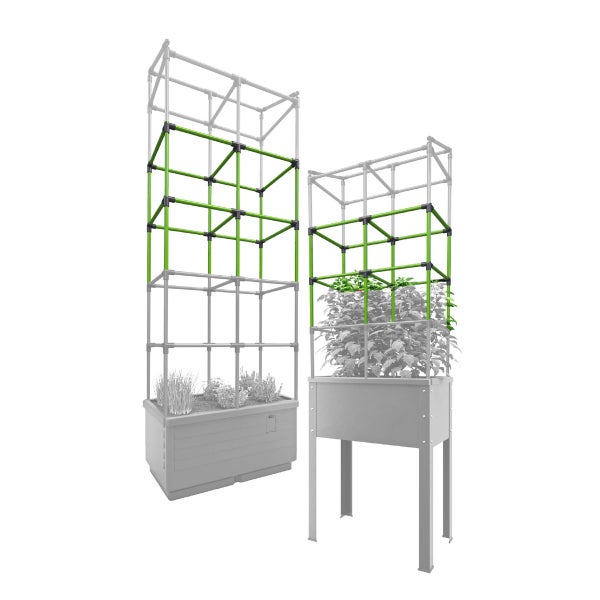Modulares Rankgitter-System aus Kunststoffrohren mit Verbindungsstücken, passend für verschiedene Hochbeete und Pflanzkästen.