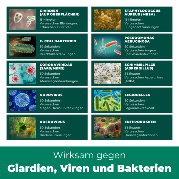 Wirksamkeit gegen Giardien, Viren und Bakterien mit Informationen zu verschiedenen Erregern und deren Auswirkungen