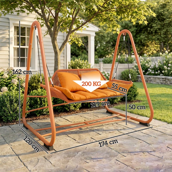 Hollywoodschaukel im Garten mit Abmessungen 174 mal 120 mal 162 Zentimeter und einer Traglast von 200 Kilogramm.