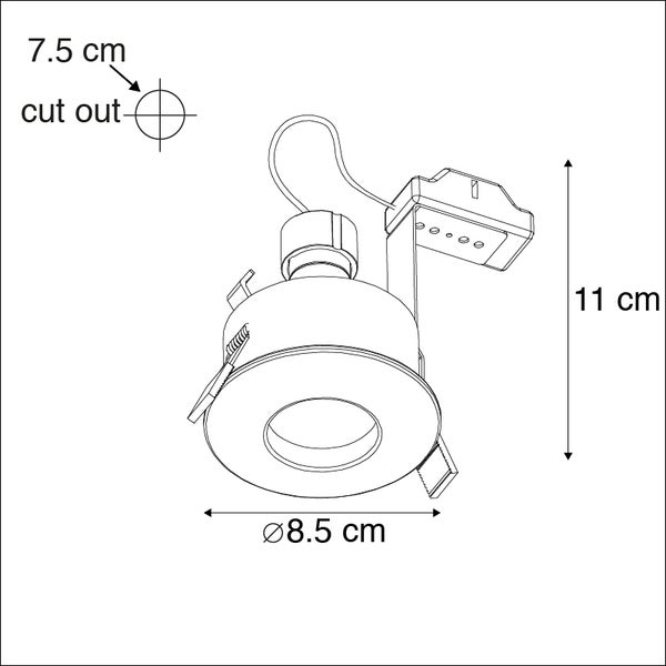 Skizze einer LED-Einbauleuchte mit Maßen: Durchmesser 8,5 Zentimeter, Höhe 11 Zentimeter und Einbauöffnung 7,5 Zentimeter.