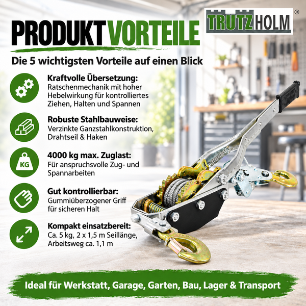 Trutzholm Seilzug mit Ratschenmechanik, 4000 kg Zuglast, verzinkte Stahlkonstruktion mit Haken, gummiertem Griff und 1,5 Meter Seillänge.
