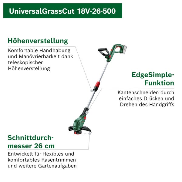Bosch Akku-Rasentrimmer UniversalGrassCut 18 Volt mit teleskopischer Höhenverstellung, Kantenschneidefunktion und 26 Zentimeter Schnittkreis.
