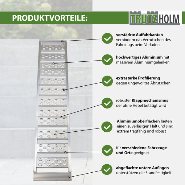 Aluminium Auffahrrampe mit verstärkten Auffahrkanten und Klappmechanismus