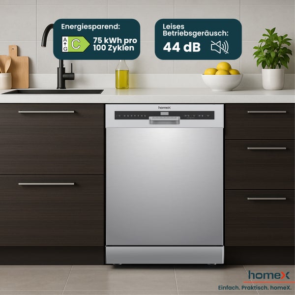 HomeX Geschirrspüler in einer modernen Küche mit Energieeffizienzklasse C und einem Betriebsgeräusch von 44 Dezibel