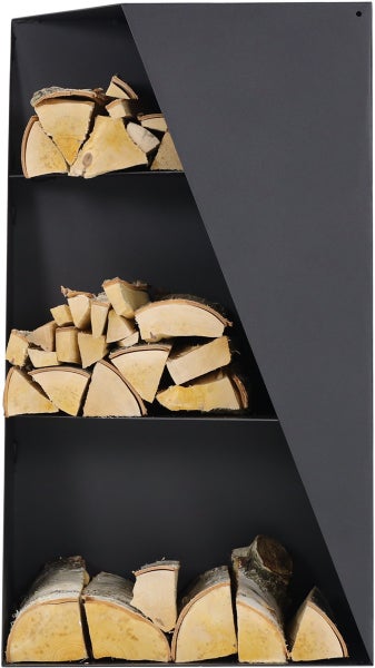 Brennholzregal aus Metall mit Holzscheiten