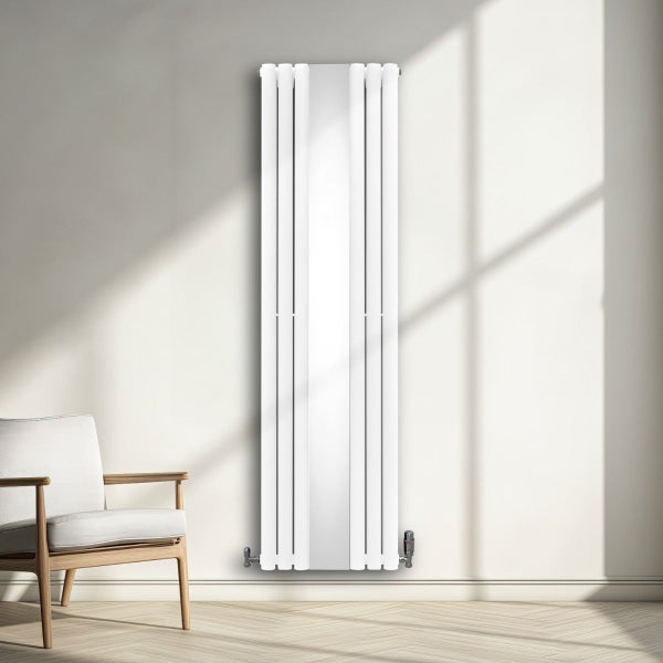Oval Röhrenheizkörper mit Spiegel & Chrom Thermostatventile - 1800mm x 500mm – Weiß