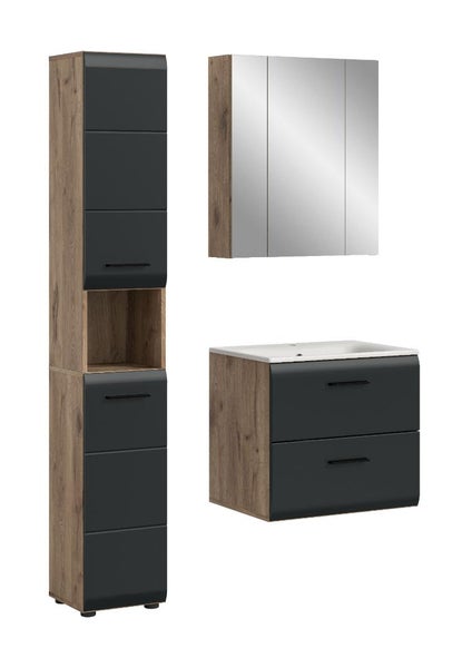 Badezimmermöbel-Set mit Hochschrank, Waschbeckenunterschrank inklusive Waschbecken und Spiegelschrank in Holzoptik und Anthrazit.