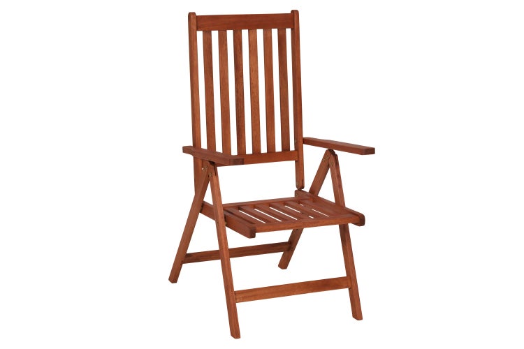 Holzfarbener Klappstuhl mit hoher Rückenlehne für den Garten