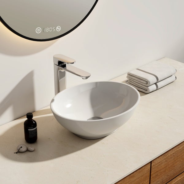 EMKE Aufsatzwaschbecken Ovales 415 x 335 mm, Keramik Waschbecken Weiß Glänzend, Höhe 130 mm, leicht zu reinigen, Waschschale für Bad und Gäste-WC