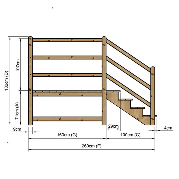 Technische Zeichnung eines Holztreppenturms mit Maßangaben