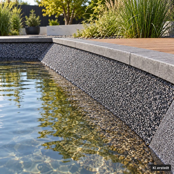 Moderner Schwimmteichrand mit Kiesumrandung und Holzterrasse in einer Gartenanlage mit Bepflanzung.