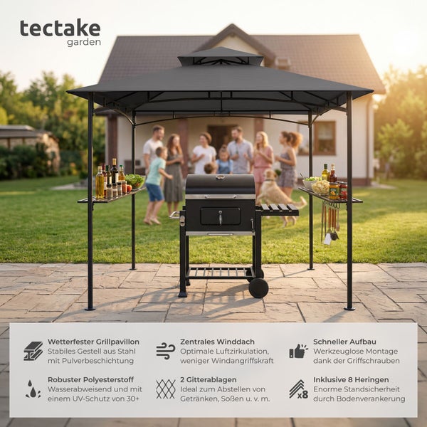 tectake garden Logo. Schwarzer Grillpavillon mit Doppeldach und zwei Gitterablagen. Symbole für Wetterfestigkeit, UV-Schutz und acht Heringe.