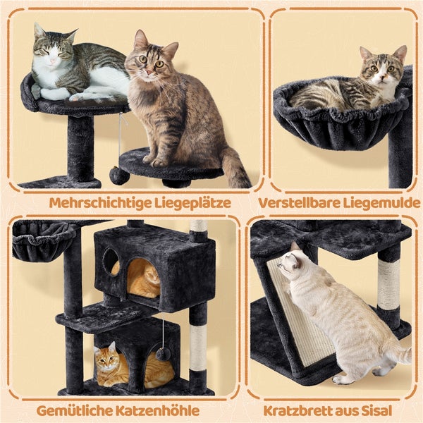 Katzenkratzbaum mit Liegeflächen, verstellbarer Liegemulde, Katzenhöhle und Sisalkratzbrett.