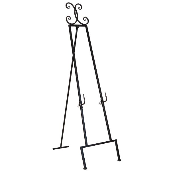 Schwarze Staffelei aus Metall mit Haken zur Präsentation von Bildern oder Dekorationen.