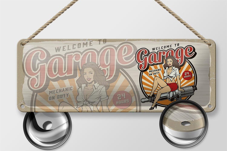 Blechschild Spruch Pinup Welcome to Garage Mechanic on 27x10cm