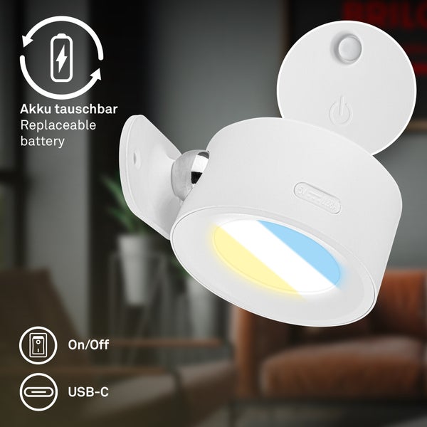 Weiße LED-Wandleuchte mit austauschbarem Akku, USB-C-Anschluss, Ein-Aus-Schalter und magnetischer Halterung.