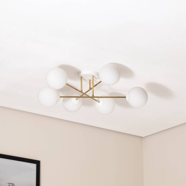Deckenleuchte mit sechs Leuchtkugeln und goldfarbenem Gestell