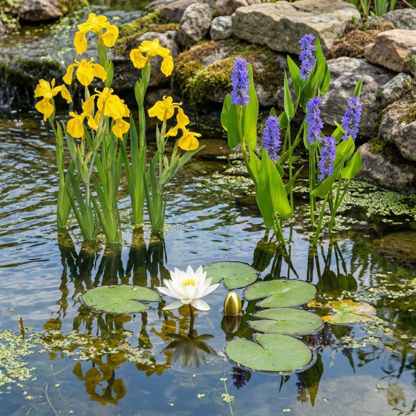 Heller Gartenteich mit gelben Sumpf-Schwertlilien, violettem Hechtkraut und einer weißen Seerose mit grünen Blättern vor felsigem Hintergrund.