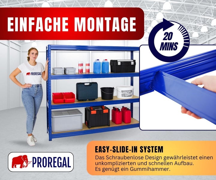 Frau neben blauem Proregal Schwerlastregal. Darstellung der einfachen Montage ohne Schrauben in circa 20 Minuten. Proregal Logo.