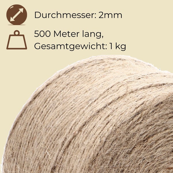 Nahaufnahme einer Spule aus Naturseil mit einer Länge von 500 Metern und einem Durchmesser von 2 Millimetern.