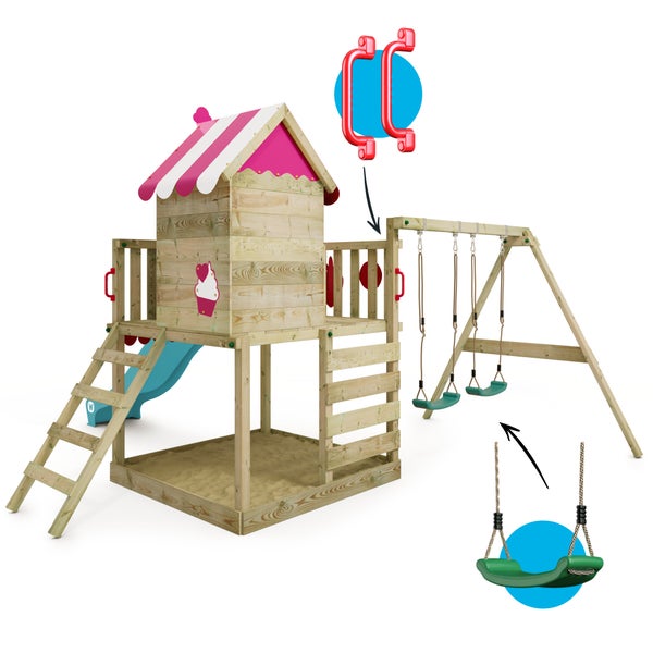WICKEY Spielturm Klettergerüst Smart Candy mit Schaukel und Rutsche, Baumhaus mit Sandkasten, Kletterleiter und Spiel-Zubehör - türkis