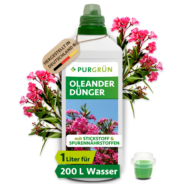 Flasche Purgrün Oleanderdünger mit Dosierkappe und Anhänger mit Herkunftsangabe Hergestellt in Deutschland für die Nährstoffversorgung von Pflanzen.