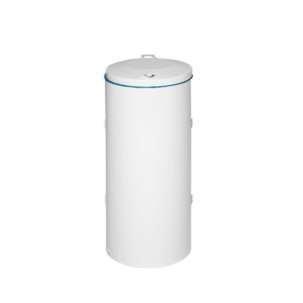 Zylindrischer weißer Warmwasserspeicher mit oberer Abdeckung.