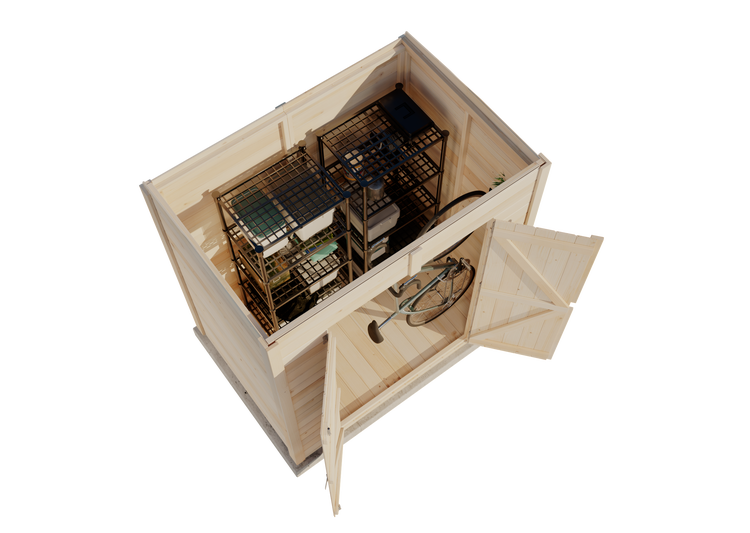 Offenes Gartenhaus aus Holz mit Doppeltür, innen zwei Drahtregale mit Aufbewahrungsboxen und ein Fahrrad.