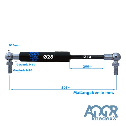 Gasdruckfeder Rhedexx mit Winkelgelenken. Maße in Millimeter: Durchmesser 28 und 14, Hub 200, Gesamtlänge 505. Gewinde M10. Rhedexx Logo.