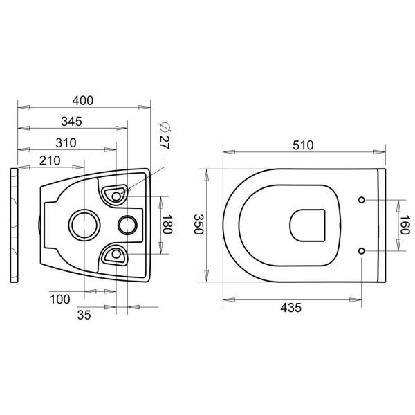 Maßzeichnung einer Wandtoilette mit Maßangaben für Breite und Tiefe in Millimeter.