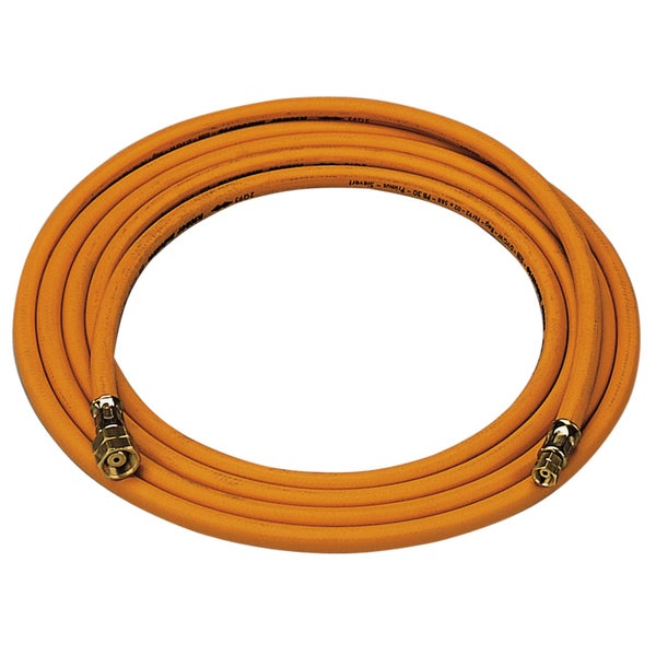 Orangefarbener Gasschlauch für Propan mit beidseitigen Messing-Anschlüssen.