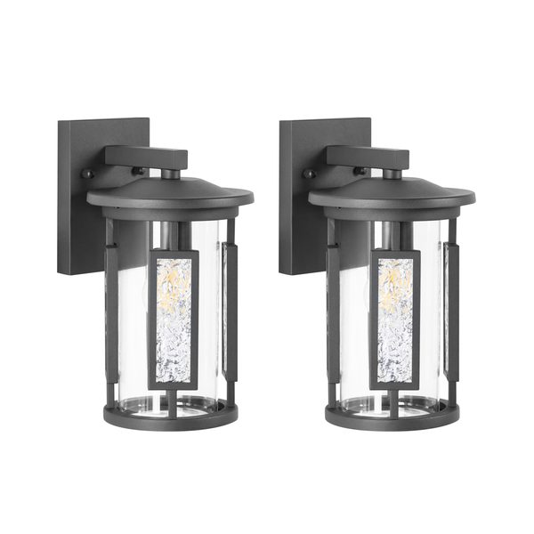 Set aus zwei modernen Außenwandleuchten in Zylinderform aus Metall und Glas.