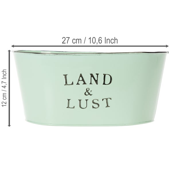 Ovaler Pflanztopf aus Zink in Mintgrün mit Schriftzug Land und Lust, 27 Zentimeter breit und 12 Zentimeter hoch.