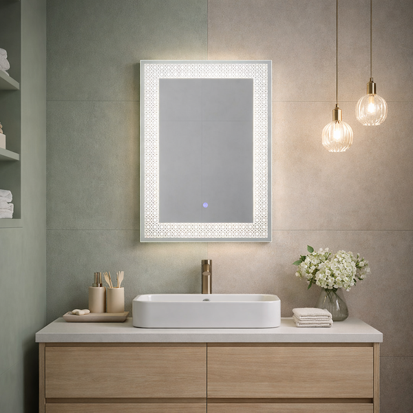 Moderner Waschplatz mit rechteckigem LED-Badspiegel mit Ornament-Rahmen, Aufsatzwaschbecken auf Holzunterschrank und Pendelleuchten.