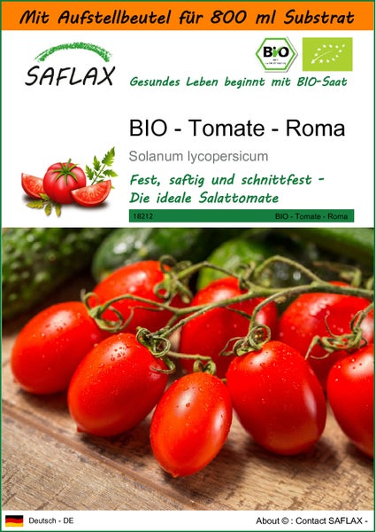 SAFLAX Garden in the bag - BIO - Tomate - Roma - Solanum lycopersicum - 15 Samen - Mit Anzuchtsubstrat im praktischen, selbst aufstellenden Beutel