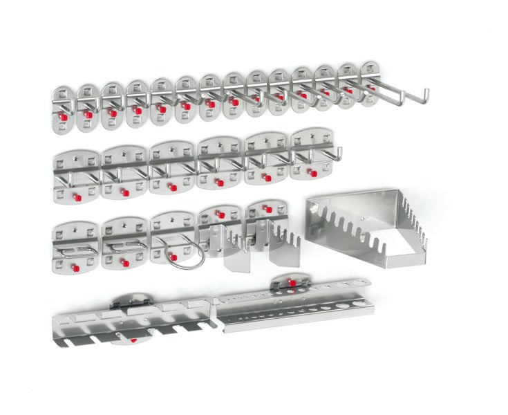 Werkzeugwand-Haken-Set aus Metall, bestehend aus Einzelhaken, Doppelhaken und Werkzeughaltern für Lochwände.