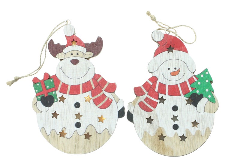 FRANK FLECHTWAREN | LED-Hänger Schneemann & Elch, 2er Set, 10 x 2 x 14 cm, HOLZ, JUTE