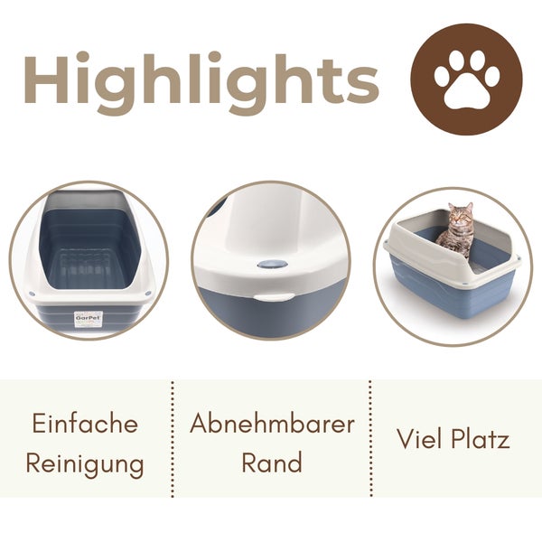 Highlights der GarPet Katzentoilette: einfache Reinigung, abnehmbarer Rand und viel Platz für die Katze. GarPet Logo.